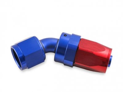 MRG224508 MR. GASKET -8 AN 45 DEGREE SWIVEL HOSE END - RED & BLUE