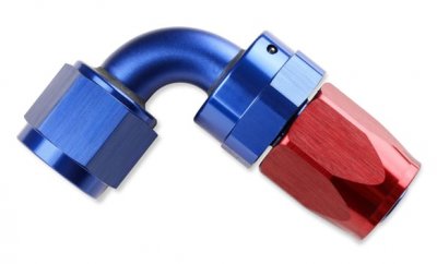 MRG229006 MR. GASKET -6 AN 90 DEGREE SWIVEL HOSE END - RED & BLUE