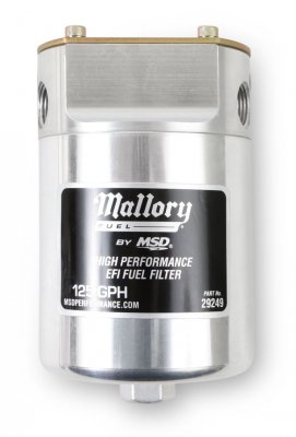 MAL29249 MALLORY HIGH PRESSURE EFI FUEL FILTER 10 Micron filter with dual 3/8" NPT inlets and outlets up to 125 gph.